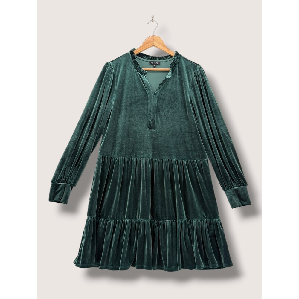 1.STATE Emerald‎ Green Velvet Tiered Ruffle Mini Babydoll Dress Large